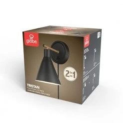 Tristan 4.8 in. Matte Black Plug-In or Hardwire Sconce with Faux Walnut Accent, Black Fabric Cord by Globe Electric -Deals Globe Electric Store matte black globe electric wall sconces 51725 76 1000
