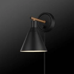 Tristan 4.8 in. Matte Black Plug-In or Hardwire Sconce with Faux Walnut Accent, Black Fabric Cord by Globe Electric -Deals Globe Electric Store matte black globe electric wall sconces 51725 c3 1000