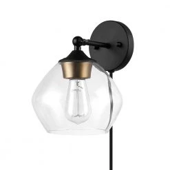 Brown 1-Light Matte Black and Gold Plug-In or Hardwire Wall Sconce with 6 ft. Cord by Globe Electric