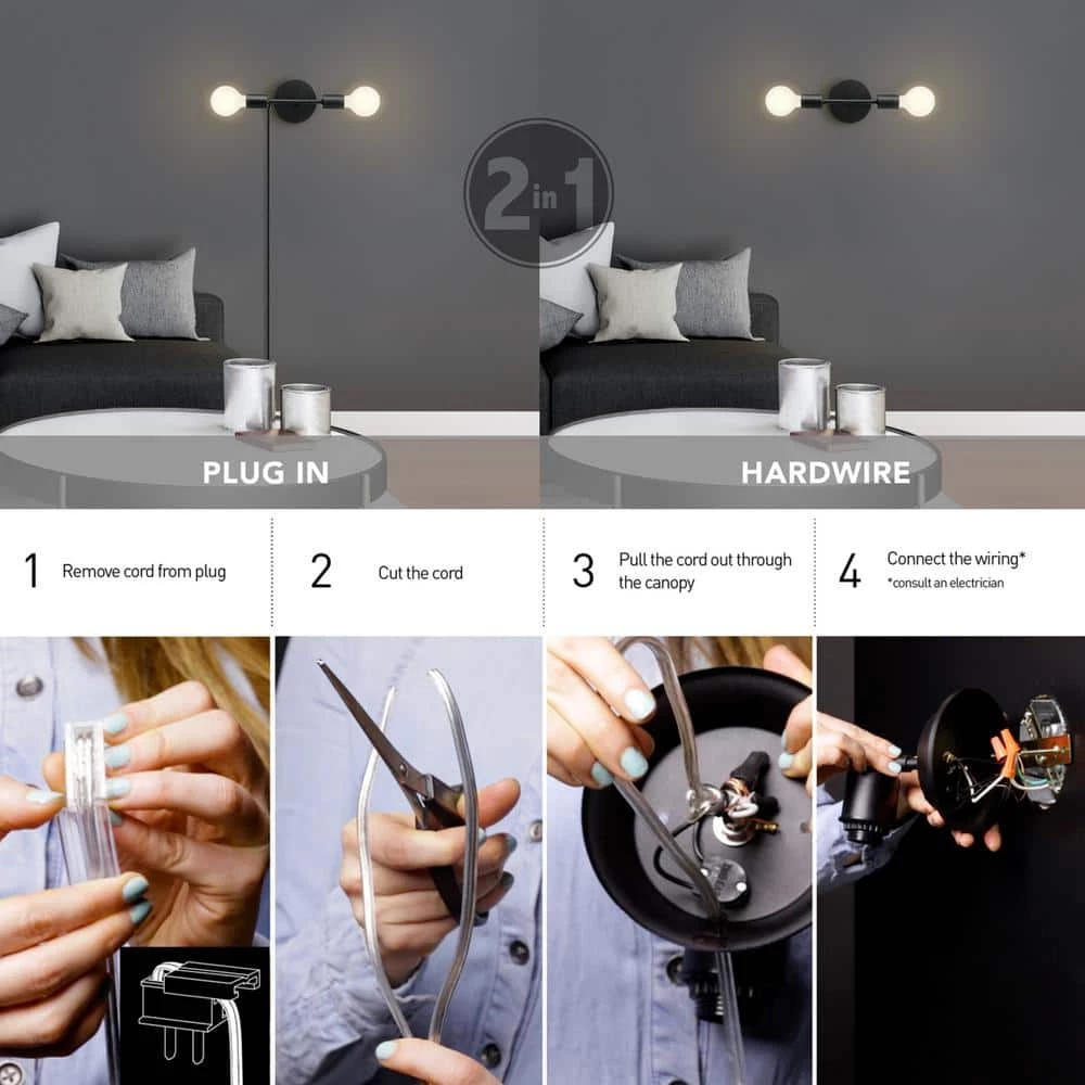 Lewis 2-Light Matte Black Plug-In or Hardwire Wall Sconce with 6 ft. Cord by Globe Electric 2 Lewis 2-Light Matte Black Plug-In or Hardwire Wall Sconce with 6 ft. Cord by Globe Electric - Image 2