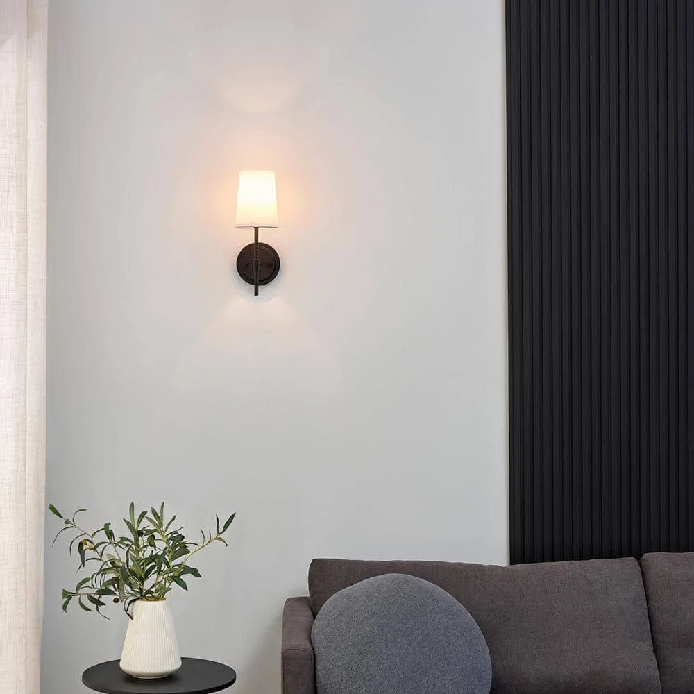 Clarissa 1-Light Matte Black Wall Sconce with White Fabric Shade by Globe Electric 6 Clarissa 1-Light Matte Black Wall Sconce with White Fabric Shade by Globe Electric - Image 6