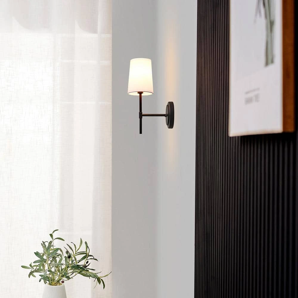 Clarissa 1-Light Matte Black Wall Sconce with White Fabric Shade by Globe Electric 5 Clarissa 1-Light Matte Black Wall Sconce with White Fabric Shade by Globe Electric - Image 5