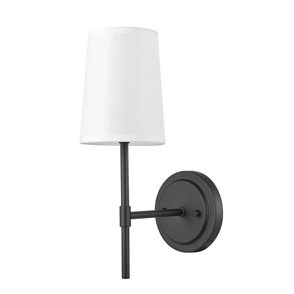 Clarissa 1-Light Matte Black Wall Sconce with White Fabric Shade by Globe Electric 1 Clarissa 1-Light Matte Black Wall Sconce with White Fabric Shade by Globe Electric