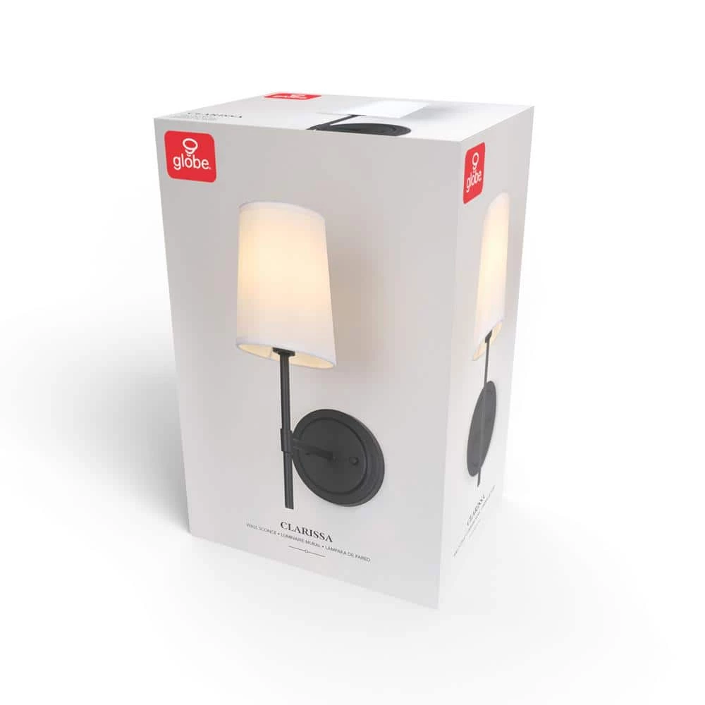 Clarissa 1-Light Matte Black Wall Sconce with White Fabric Shade by Globe Electric 9 Clarissa 1-Light Matte Black Wall Sconce with White Fabric Shade by Globe Electric - Image 9