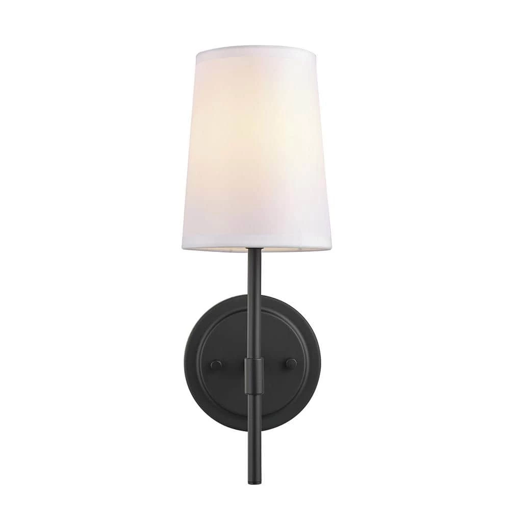 Clarissa 1-Light Matte Black Wall Sconce with White Fabric Shade by Globe Electric 3 Clarissa 1-Light Matte Black Wall Sconce with White Fabric Shade by Globe Electric - Image 3