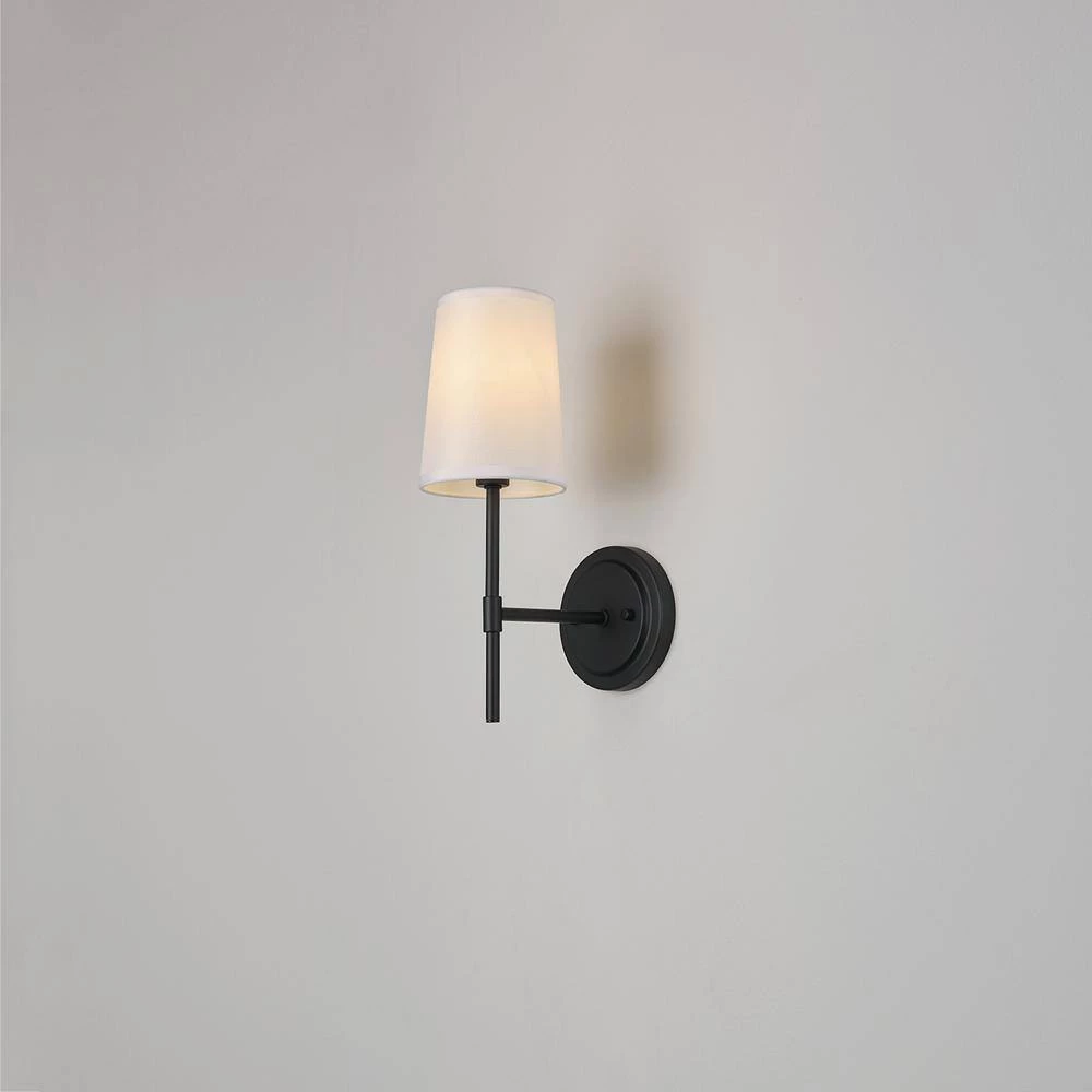 Clarissa 1-Light Matte Black Wall Sconce with White Fabric Shade by Globe Electric 4 Clarissa 1-Light Matte Black Wall Sconce with White Fabric Shade by Globe Electric - Image 4