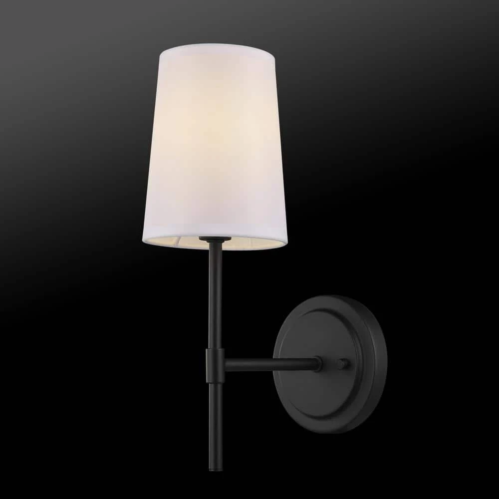 Clarissa 1-Light Matte Black Wall Sconce with White Fabric Shade by Globe Electric 2 Clarissa 1-Light Matte Black Wall Sconce with White Fabric Shade by Globe Electric - Image 2