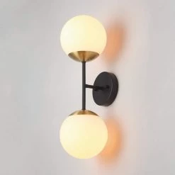 Celestia 2-Light Matte Black Wall Sconce with Antique Brass Socket and Matte Opal Glass Shades by Globe Electric -Deals Globe Electric Store matte black globe electric wall sconces 91002204 44 1000