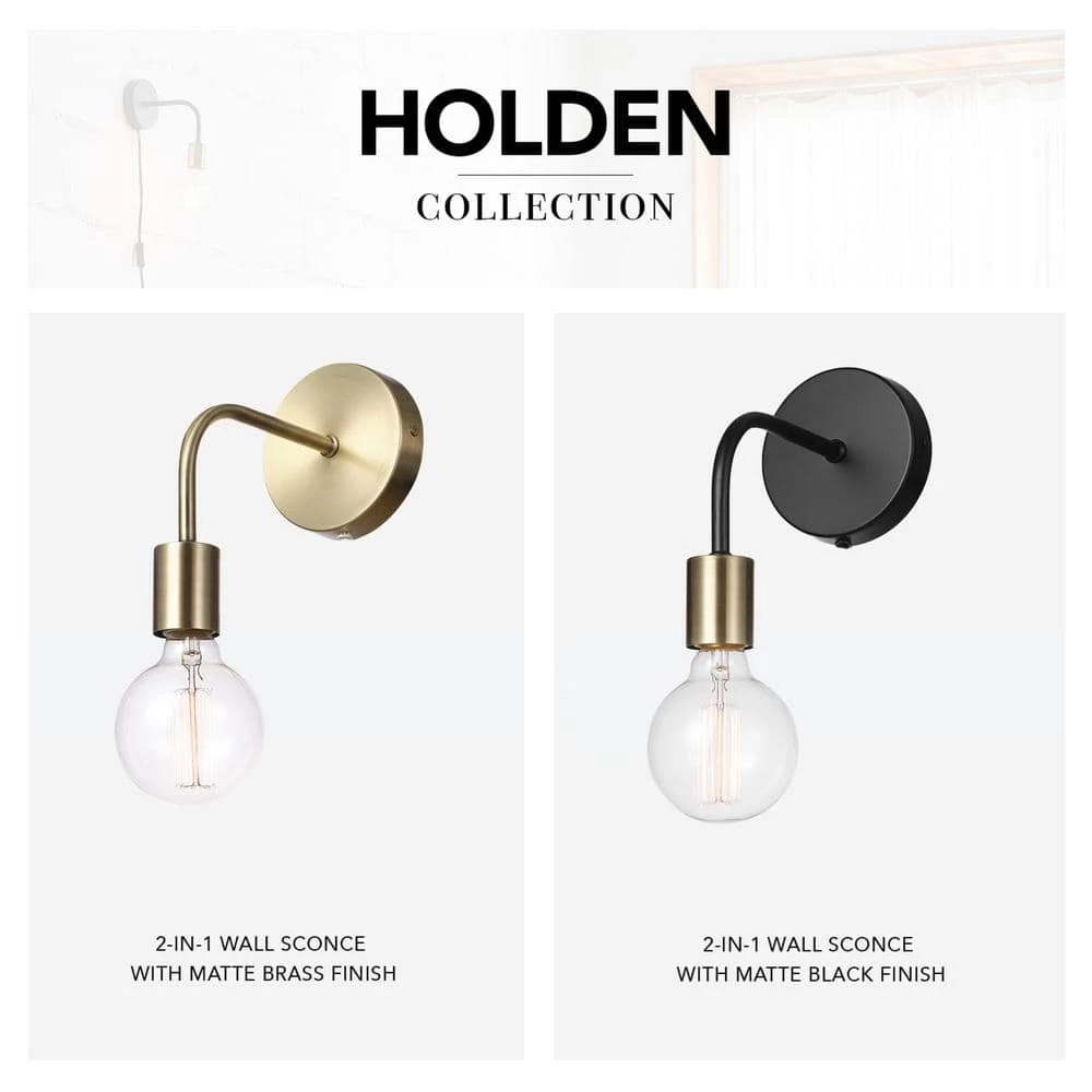 Holden 1-Light Matte Black Plug-In or Hardwire Wall Sconce with Matte Brass Socket by Globe Electric 8 Holden 1-Light Matte Black Plug-In or Hardwire Wall Sconce with Matte Brass Socket by Globe Electric - Image 8