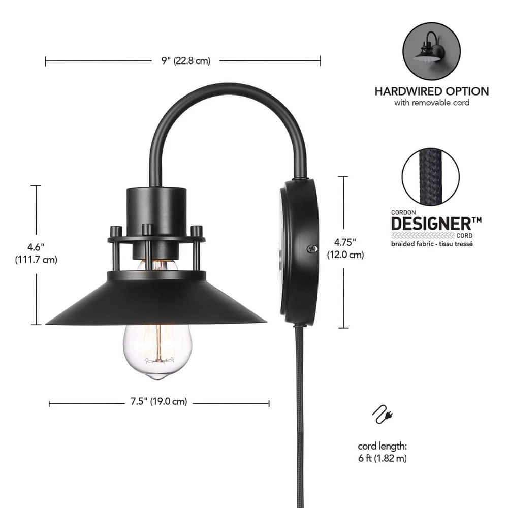 1-Light Matte Black Plug-In or Hardwire Wall Sconce, In-Line On/Off Rocker Switch by Globe Electric 3 1-Light Matte Black Plug-In or Hardwire Wall Sconce, In-Line On/Off Rocker Switch by Globe Electric - Image 3