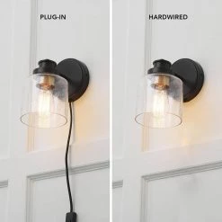 1-Light Matte Black Plug-In or Hardwire Wall Sconce with Seeded Glass Shade, In-Line On/Off Rocker Switch, 6 ft. Cord by Globe Electric 19 1-Light Matte Black Plug-In or Hardwire Wall Sconce with Seeded Glass Shade, In-Line On/Off Rocker Switch, 6 ft. Cord by Globe Electric -Deals Globe Electric Store matte black globe electric wall sconces 91002867 31 1000