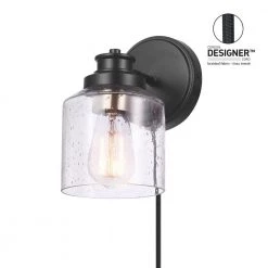 1-Light Matte Black Plug-In or Hardwire Wall Sconce with Seeded Glass Shade, In-Line On/Off Rocker Switch, 6 ft. Cord by Globe Electric 16 1-Light Matte Black Plug-In or Hardwire Wall Sconce with Seeded Glass Shade, In-Line On/Off Rocker Switch, 6 ft. Cord by Globe Electric -Deals Globe Electric Store matte black globe electric wall sconces 91002867 44 1000
