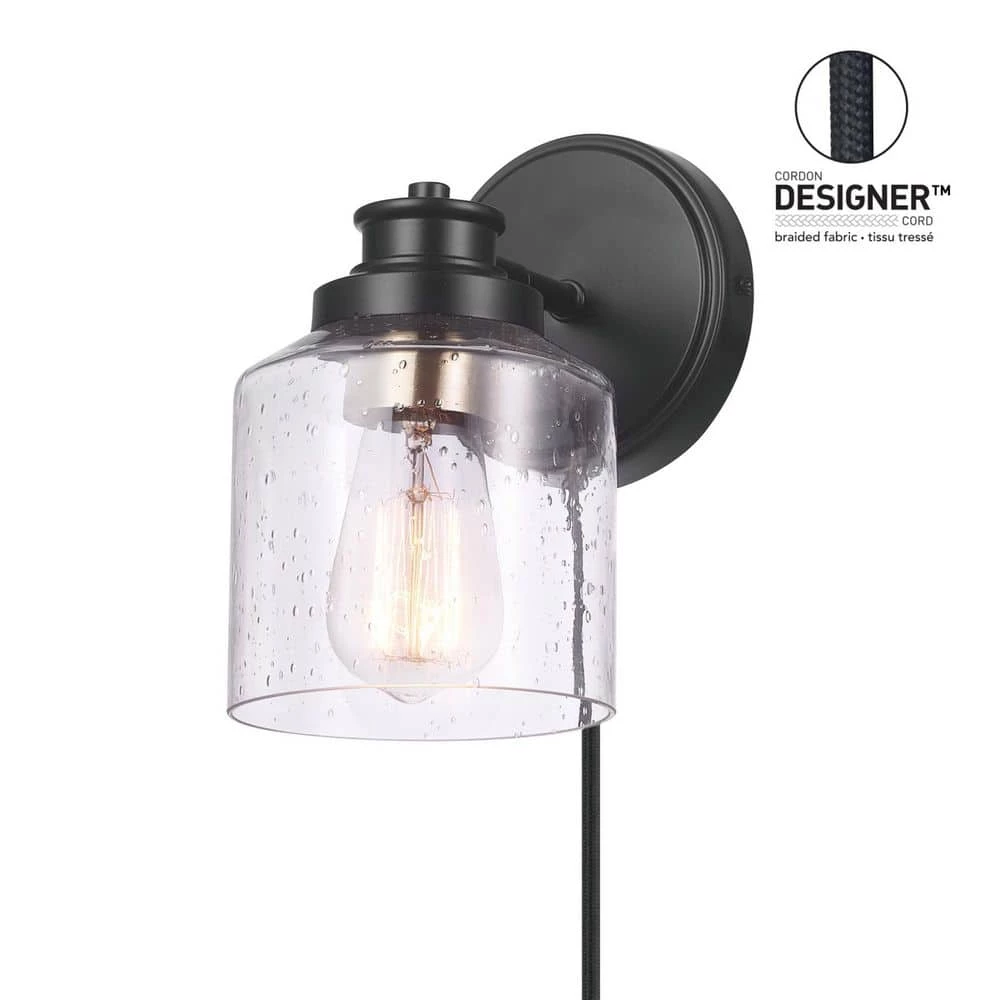 1-Light Matte Black Plug-In or Hardwire Wall Sconce with Seeded Glass Shade, In-Line On/Off Rocker Switch, 6 ft. Cord by Globe Electric 7 1-Light Matte Black Plug-In or Hardwire Wall Sconce with Seeded Glass Shade, In-Line On/Off Rocker Switch, 6 ft. Cord by Globe Electric - Image 7