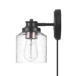 1-Light Matte Black Plug-In or Hardwire Wall Sconce with Seeded Glass Shade, In-Line On/Off Rocker Switch, 6 ft. Cord by Globe Electric