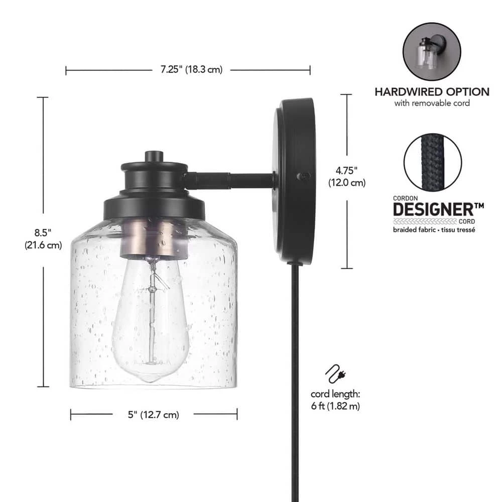 1-Light Matte Black Plug-In or Hardwire Wall Sconce with Seeded Glass Shade, In-Line On/Off Rocker Switch, 6 ft. Cord by Globe Electric 3 1-Light Matte Black Plug-In or Hardwire Wall Sconce with Seeded Glass Shade, In-Line On/Off Rocker Switch, 6 ft. Cord by Globe Electric - Image 3