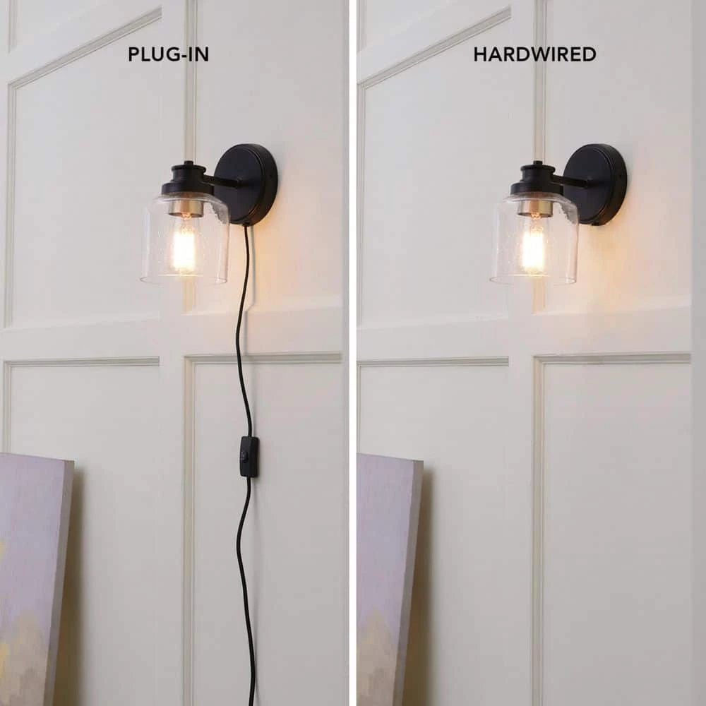 1-Light Matte Black Plug-In or Hardwire Wall Sconce with Seeded Glass Shade, In-Line On/Off Rocker Switch, 6 ft. Cord by Globe Electric 4 1-Light Matte Black Plug-In or Hardwire Wall Sconce with Seeded Glass Shade, In-Line On/Off Rocker Switch, 6 ft. Cord by Globe Electric - Image 4