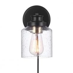 1-Light Matte Black Plug-In or Hardwire Wall Sconce with Seeded Glass Shade, In-Line On/Off Rocker Switch, 6 ft. Cord by Globe Electric 17 1-Light Matte Black Plug-In or Hardwire Wall Sconce with Seeded Glass Shade, In-Line On/Off Rocker Switch, 6 ft. Cord by Globe Electric -Deals Globe Electric Store matte black globe electric wall sconces 91002867 fa 1000