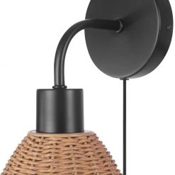 1-Light Matte Black Plug-In or Hardwire Wall Sconce with Rattan Shade, 6 ft. Black Cord, In-Line On/Off Rocker Switch by Globe Electric 14 1-Light Matte Black Plug-In or Hardwire Wall Sconce with Rattan Shade, 6 ft. Black Cord, In-Line On/Off Rocker Switch by Globe Electric -Deals Globe Electric Store matte black globe electric wall sconces 91002868 4f 1000
