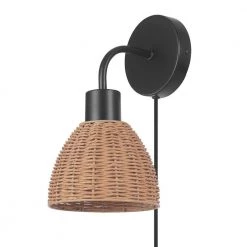 1-Light Matte Black Plug-In or Hardwire Wall Sconce with Rattan Shade, 6 ft. Black Cord, In-Line On/Off Rocker Switch by Globe Electric
