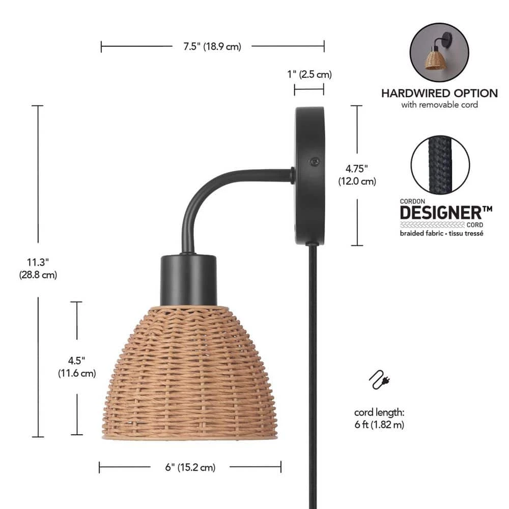 1-Light Matte Black Plug-In or Hardwire Wall Sconce with Rattan Shade, 6 ft. Black Cord, In-Line On/Off Rocker Switch by Globe Electric 3 1-Light Matte Black Plug-In or Hardwire Wall Sconce with Rattan Shade, 6 ft. Black Cord, In-Line On/Off Rocker Switch by Globe Electric - Image 3