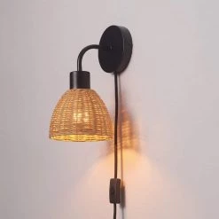 1-Light Matte Black Plug-In or Hardwire Wall Sconce with Rattan Shade, 6 ft. Black Cord, In-Line On/Off Rocker Switch by Globe Electric 18 1-Light Matte Black Plug-In or Hardwire Wall Sconce with Rattan Shade, 6 ft. Black Cord, In-Line On/Off Rocker Switch by Globe Electric -Deals Globe Electric Store matte black globe electric wall sconces 91002868 76 1000