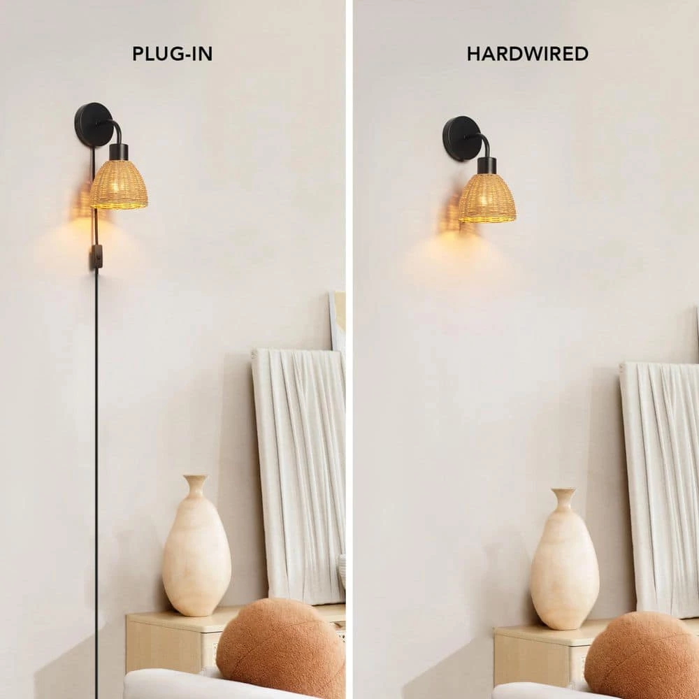 1-Light Matte Black Plug-In or Hardwire Wall Sconce with Rattan Shade, 6 ft. Black Cord, In-Line On/Off Rocker Switch by Globe Electric 4 1-Light Matte Black Plug-In or Hardwire Wall Sconce with Rattan Shade, 6 ft. Black Cord, In-Line On/Off Rocker Switch by Globe Electric - Image 4