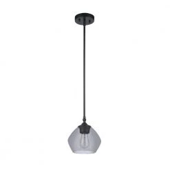 Harrow 1-Light Matte Black Shaded Pendant Light with Smoked Glass Shade by Globe Electric