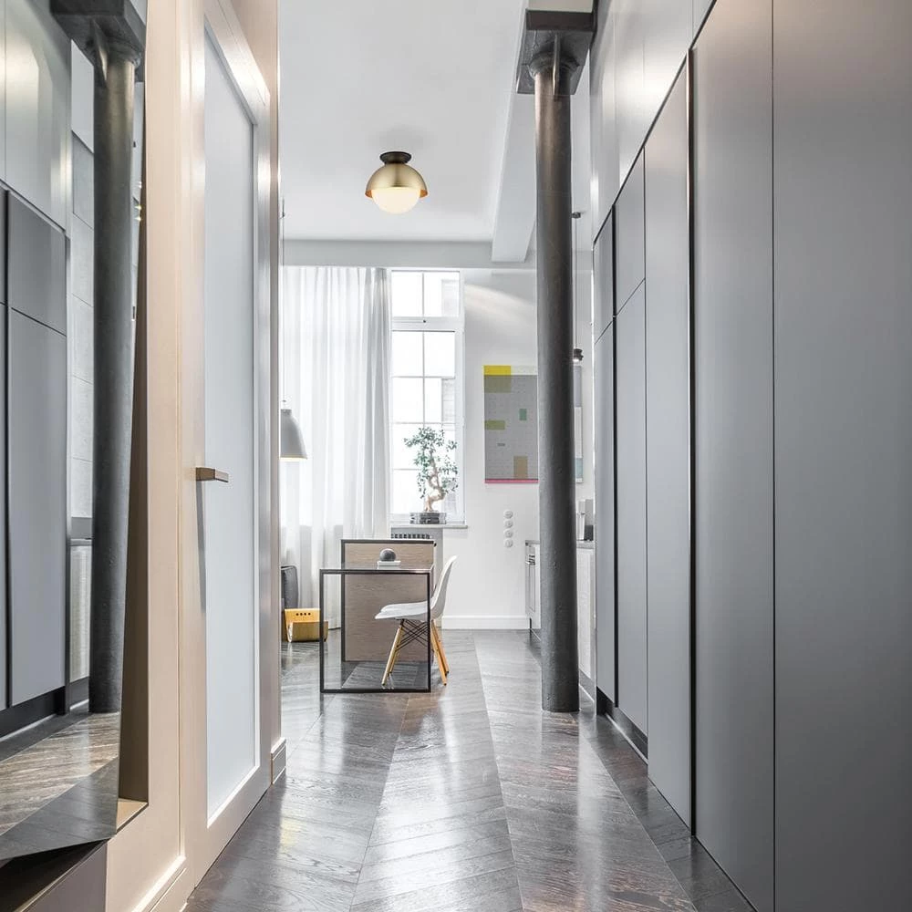 Oswald 10 in. 1-Light Matte Brass Flush Mount with Matte Black Accent Canopy and Frosted Glass Shade by Globe Electric 4 Oswald 10 in. 1-Light Matte Brass Flush Mount with Matte Black Accent Canopy and Frosted Glass Shade by Globe Electric - Image 4