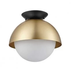 Oswald 10 in. 1-Light Matte Brass Flush Mount with Matte Black Accent Canopy and Frosted Glass Shade by Globe Electric