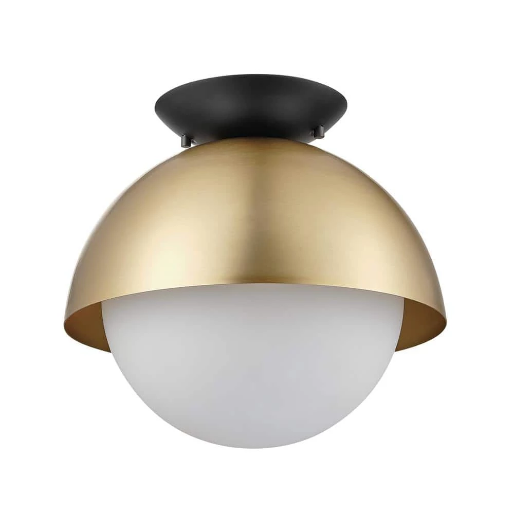 Oswald 10 in. 1-Light Matte Brass Flush Mount with Matte Black Accent Canopy and Frosted Glass Shade by Globe Electric 1 Oswald 10 in. 1-Light Matte Brass Flush Mount with Matte Black Accent Canopy and Frosted Glass Shade by Globe Electric