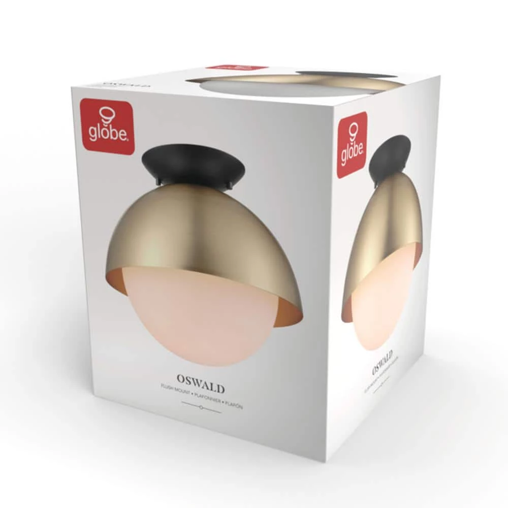 Oswald 10 in. 1-Light Matte Brass Flush Mount with Matte Black Accent Canopy and Frosted Glass Shade by Globe Electric 8 Oswald 10 in. 1-Light Matte Brass Flush Mount with Matte Black Accent Canopy and Frosted Glass Shade by Globe Electric - Image 8