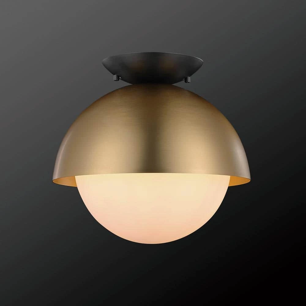 Oswald 10 in. 1-Light Matte Brass Flush Mount with Matte Black Accent Canopy and Frosted Glass Shade by Globe Electric 2 Oswald 10 in. 1-Light Matte Brass Flush Mount with Matte Black Accent Canopy and Frosted Glass Shade by Globe Electric - Image 2