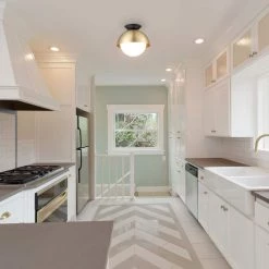 Oswald 10 in. 1-Light Matte Brass Flush Mount with Matte Black Accent Canopy and Frosted Glass Shade by Globe Electric 14 Oswald 10 in. 1-Light Matte Brass Flush Mount with Matte Black Accent Canopy and Frosted Glass Shade by Globe Electric -Deals Globe Electric Store matte brass globe electric flush mount lights 60320 fa 1000