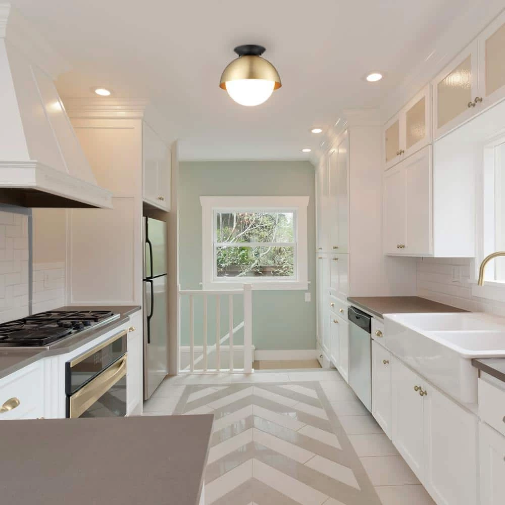 Oswald 10 in. 1-Light Matte Brass Flush Mount with Matte Black Accent Canopy and Frosted Glass Shade by Globe Electric 7 Oswald 10 in. 1-Light Matte Brass Flush Mount with Matte Black Accent Canopy and Frosted Glass Shade by Globe Electric - Image 7