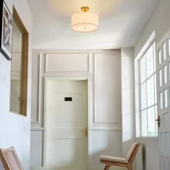 Maria 15.7 in. 1-Light Matte Brass Flush Mount with White Fabric Shade by Globe Electric -Deals Globe Electric Store matte brass globe electric flush mount lights 61273 31 1000