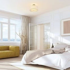 Maria 15.7 in. 1-Light Matte Brass Flush Mount with White Fabric Shade by Globe Electric -Deals Globe Electric Store matte brass globe electric flush mount lights 61273 4f 1000