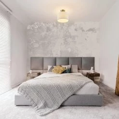 Jonas 12 in. 1-Light Matte Brass Flush Mount with White Linen Shade by Globe Electric -Deals Globe Electric Store matte brass globe electric flush mount lights 69994 1f 1000