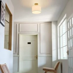 Jonas 12 in. 1-Light Matte Brass Flush Mount with White Linen Shade by Globe Electric -Deals Globe Electric Store matte brass globe electric flush mount lights 69994 31 1000