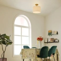 Jonas 12 in. 1-Light Matte Brass Flush Mount with White Linen Shade by Globe Electric -Deals Globe Electric Store matte brass globe electric flush mount lights 69994 c3 1000