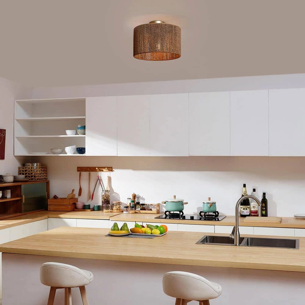 14 in. 1-Light Matte Brass Semi-Flush Mount Ceiling Light with Paper Twine Shade by Globe Electric 4 14 in. 1-Light Matte Brass Semi-Flush Mount Ceiling Light with Paper Twine Shade by Globe Electric - Image 4