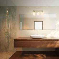 Raja 24 in. 3-Lights Matte Brass Vanity Light with Opal Glass Shades by Globe Electric -Deals Globe Electric Store matte brass globe electric vanity lighting 51615 4f 1000