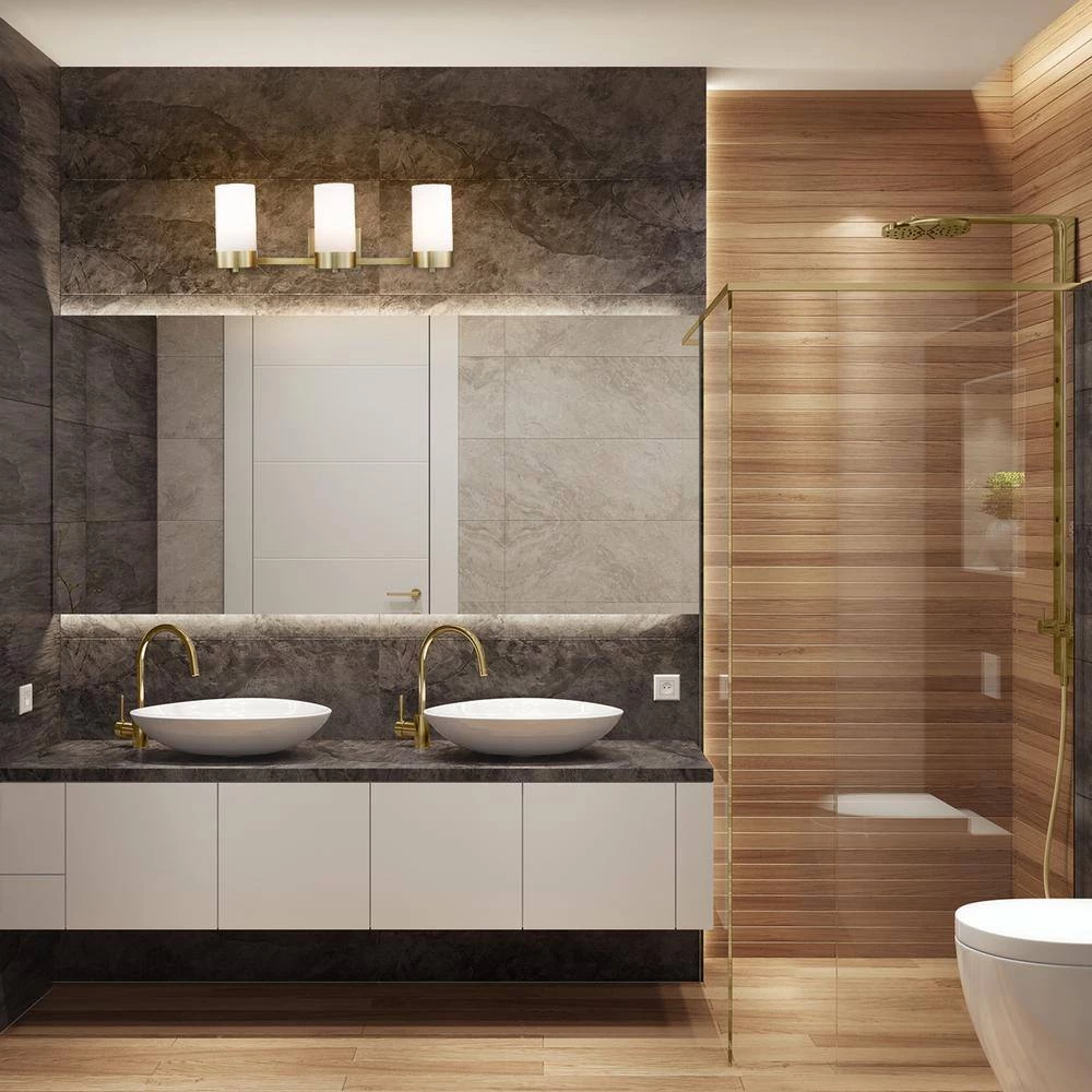 Marcie 24 in. 3-Light Matte brass Vanity Light with Frosted Glass Shades by Globe Electric 4 Marcie 24 in. 3-Light Matte brass Vanity Light with Frosted Glass Shades by Globe Electric - Image 4