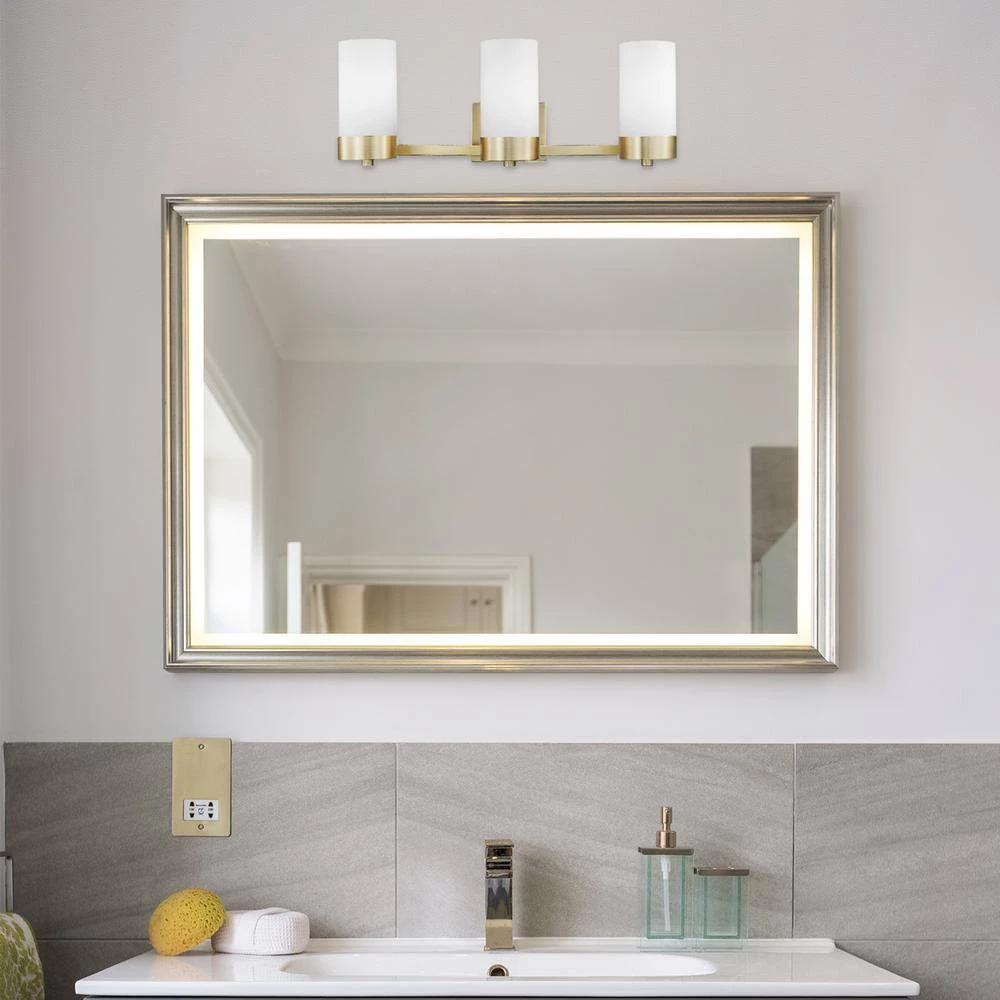 Marcie 24 in. 3-Light Matte brass Vanity Light with Frosted Glass Shades by Globe Electric 2 Marcie 24 in. 3-Light Matte brass Vanity Light with Frosted Glass Shades by Globe Electric - Image 2