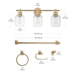 Cannes 24.5 in. 3-Light Brass Vanity Light with Clear Glass Shades and Bath Set (5-Piece) by Globe Electric -Deals Globe Electric Store matte brass globe electric vanity lighting 51638 44 1000