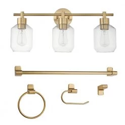 Cannes 24.5 in. 3-Light Brass Vanity Light with Clear Glass Shades and Bath Set (5-Piece) by Globe Electric