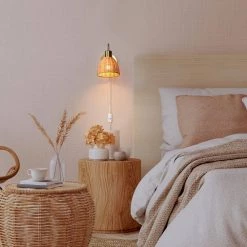 Isla 1-Light Matte Brass Plug-In or Hardwire Wall Sconce with Faux Rattan Shade by Globe Electric -Deals Globe Electric Store matte brass globe electric vanity lighting 65000003 31 1000