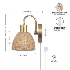 Isla 1-Light Matte Brass Plug-In or Hardwire Wall Sconce with Faux Rattan Shade by Globe Electric -Deals Globe Electric Store matte brass globe electric vanity lighting 65000003 4f 1000