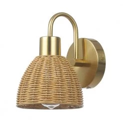 Isla 1-Light Matte Brass Plug-In or Hardwire Wall Sconce with Faux Rattan Shade by Globe Electric