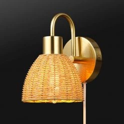 Isla 1-Light Matte Brass Plug-In or Hardwire Wall Sconce with Faux Rattan Shade by Globe Electric -Deals Globe Electric Store matte brass globe electric vanity lighting 65000003 76 1000
