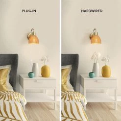 Isla 1-Light Matte Brass Plug-In or Hardwire Wall Sconce with Faux Rattan Shade by Globe Electric -Deals Globe Electric Store matte brass globe electric vanity lighting 65000003 c3 1000